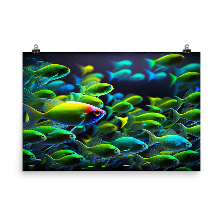 Neon tetras swimming in a brightly lit aquarium photo paper poster - Posterfy.AI