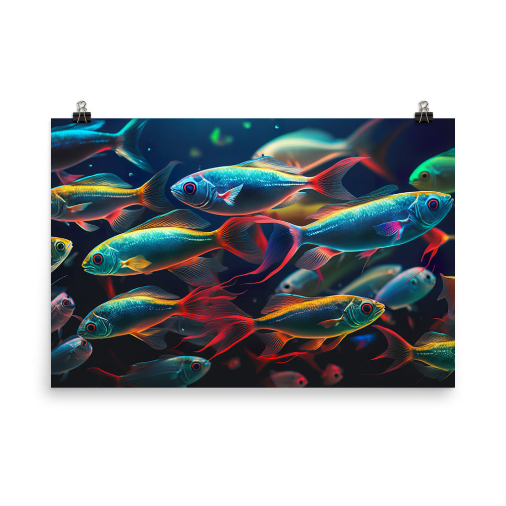 Neon tetras swimming in a brightly lit aquarium photo paper poster - Posterfy.AI