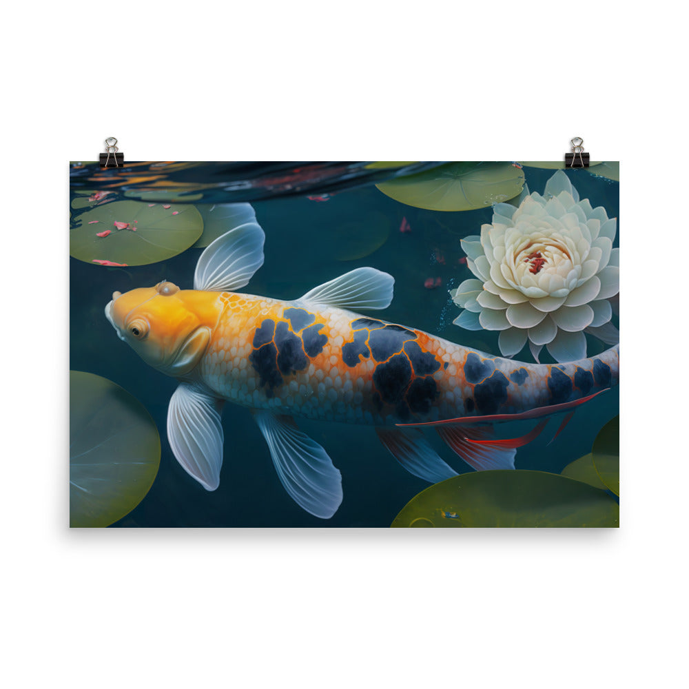 Koi fish swimming in a clear blue pond photo paper poster - Posterfy.AI