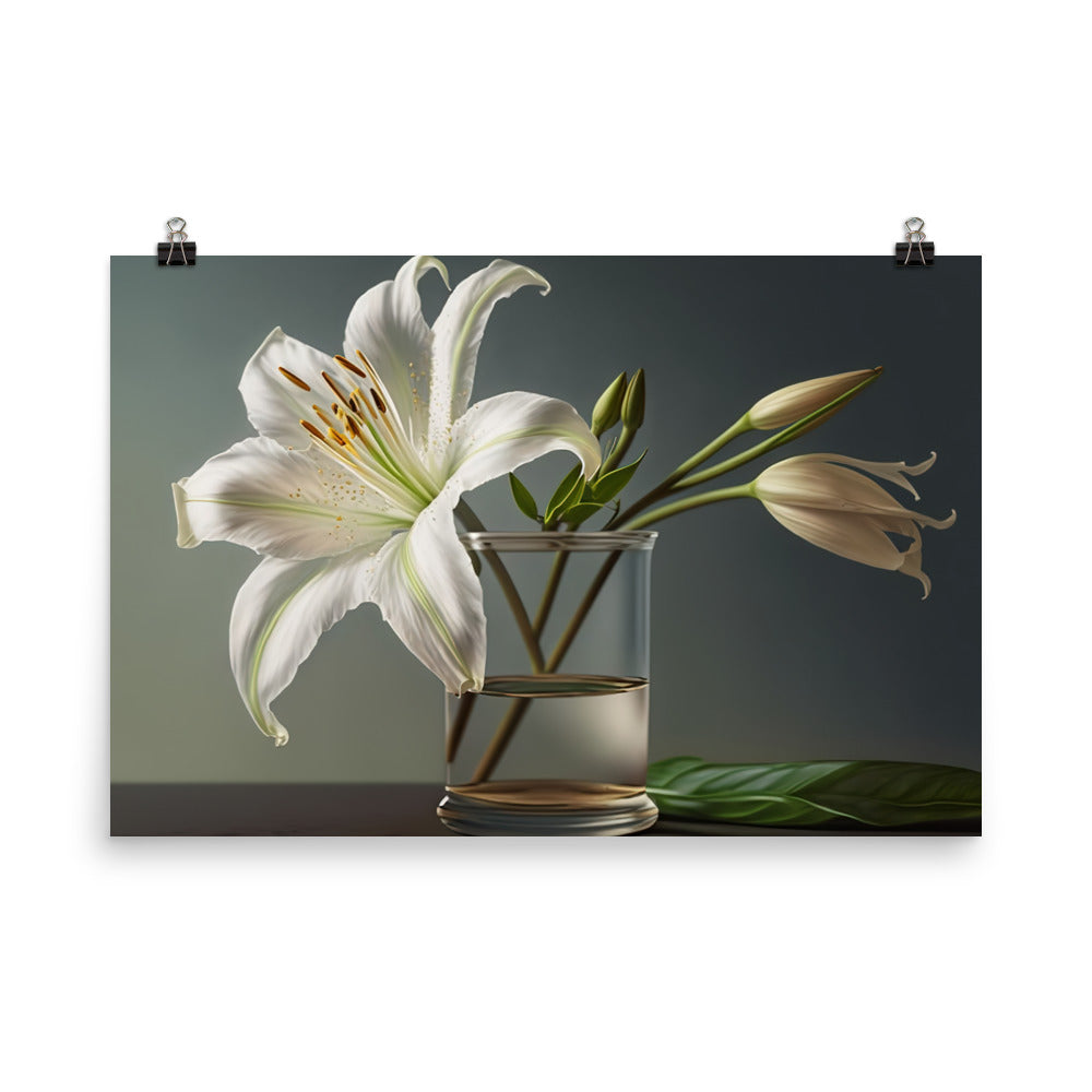 Large white lily by placing it in a simple glass vase photo paper poster - Posterfy.AI