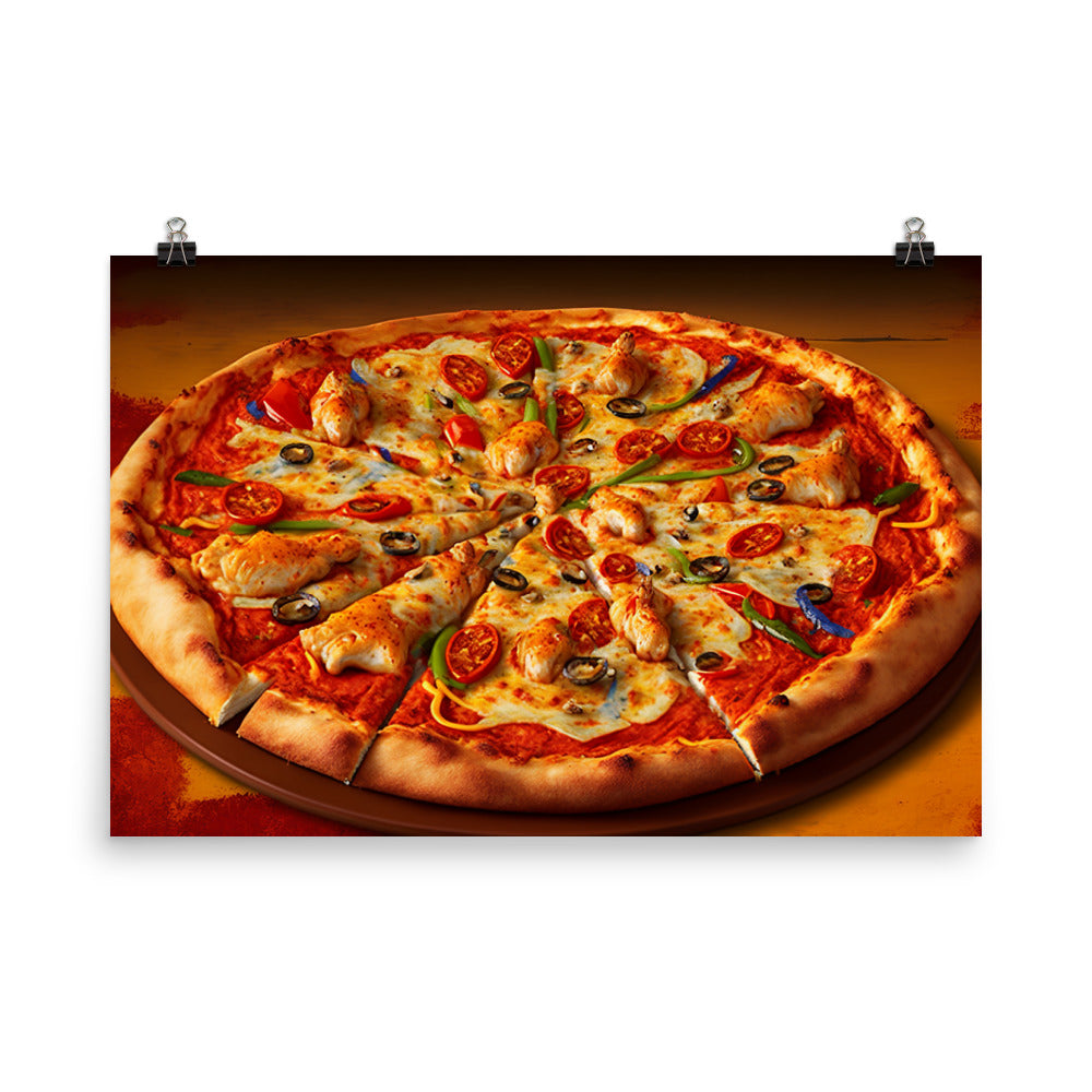 A spicy chicken pizza with chunks of tender chicken photo paper poster - Posterfy.AI