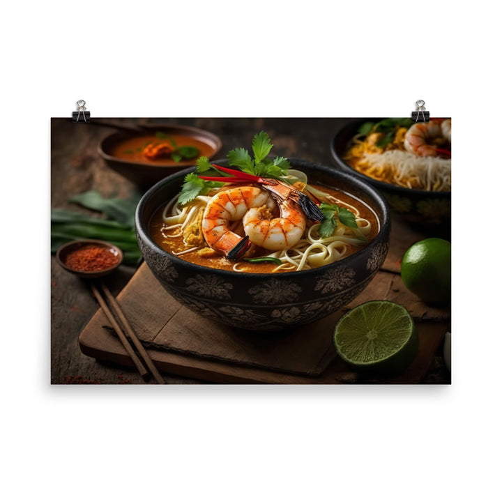 A hearty bowl of laksa with prawns photo paper poster - Posterfy.AI