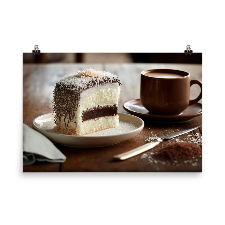 Coconut-covered cake paired with the smooth coffee photo paper poster - Posterfy.AI