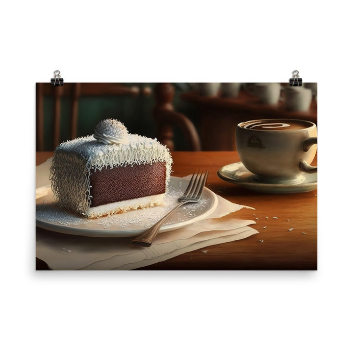 Coconut-covered cake paired with the smooth coffee photo paper poster - Posterfy.AI