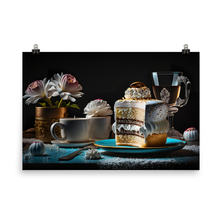 A Charming cafe with Delicious Coffee and Cake photo paper poster - Posterfy.AI