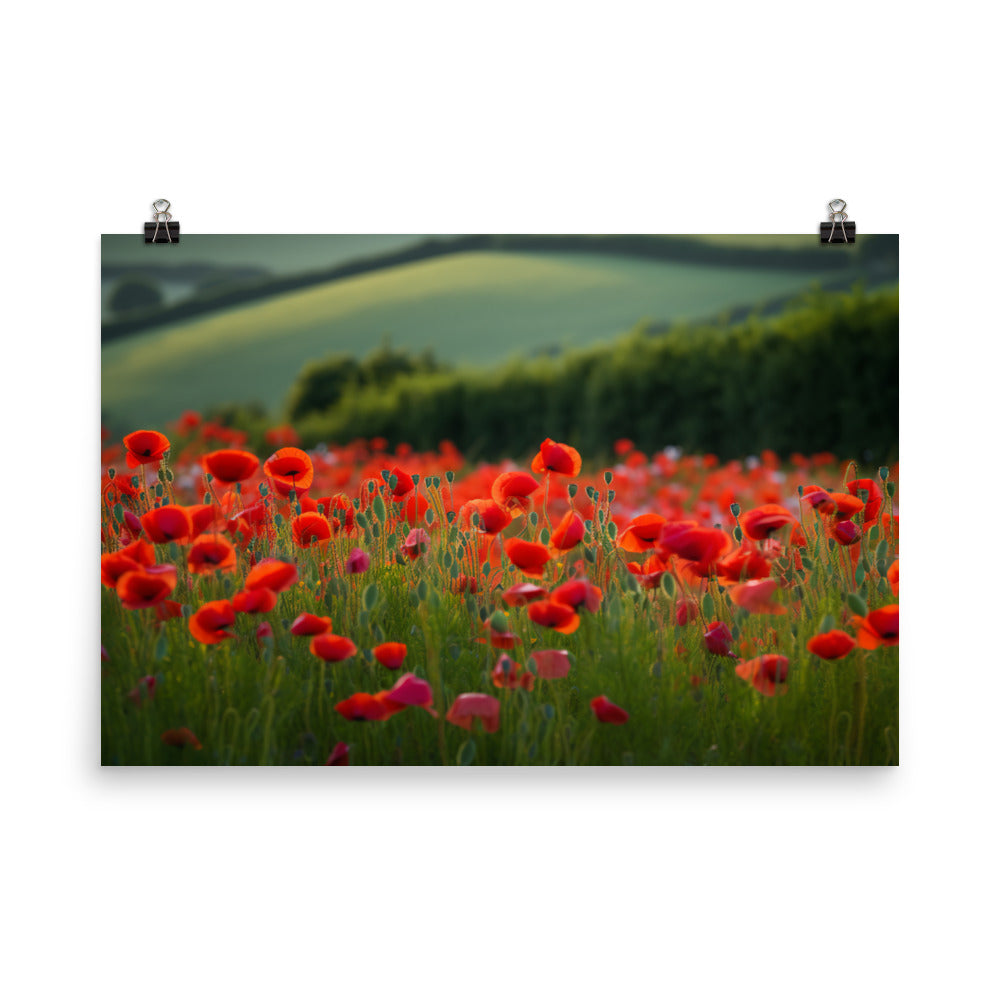 Capturing the beauty of Poppy fields at sunrise photo paper poster - Posterfy.AI