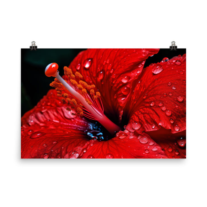 Close-Up of a Red Hibiscus with Dew Drops  photo paper poster - Posterfy.AI