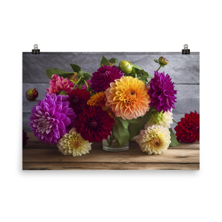 Dahlia Bouquet on a Wooden Table photo paper poster - Posterfy.AI