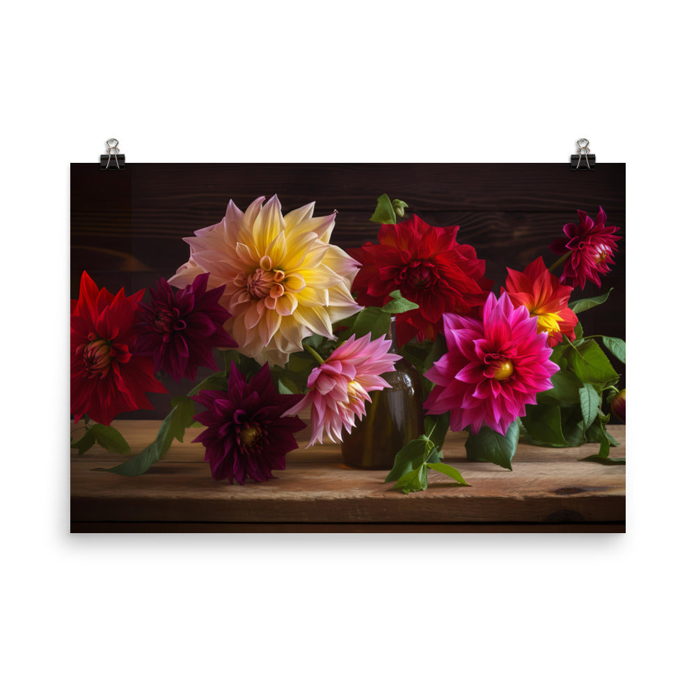 Dahlia Bouquet on a Wooden Table photo paper poster - Posterfy.AI