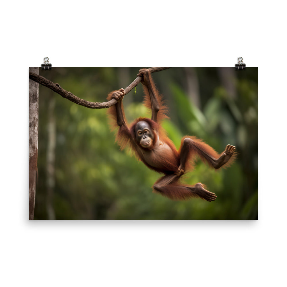 Playful Orangutan Swinging on Branch photo paper poster - Posterfy.AI