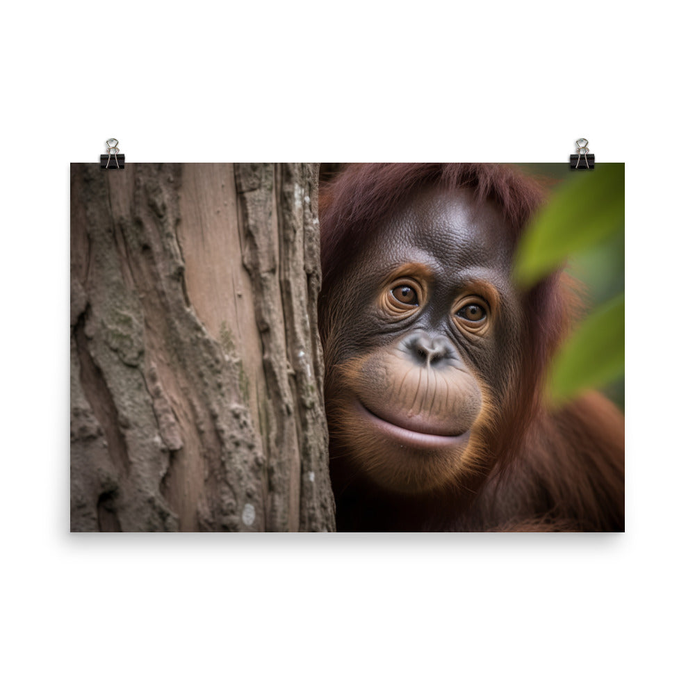 Inquisitive Orangutan Peeking from Behind Tree photo paper poster - Posterfy.AI