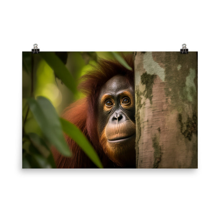 Inquisitive Orangutan Peeking from Behind Tree photo paper poster - Posterfy.AI