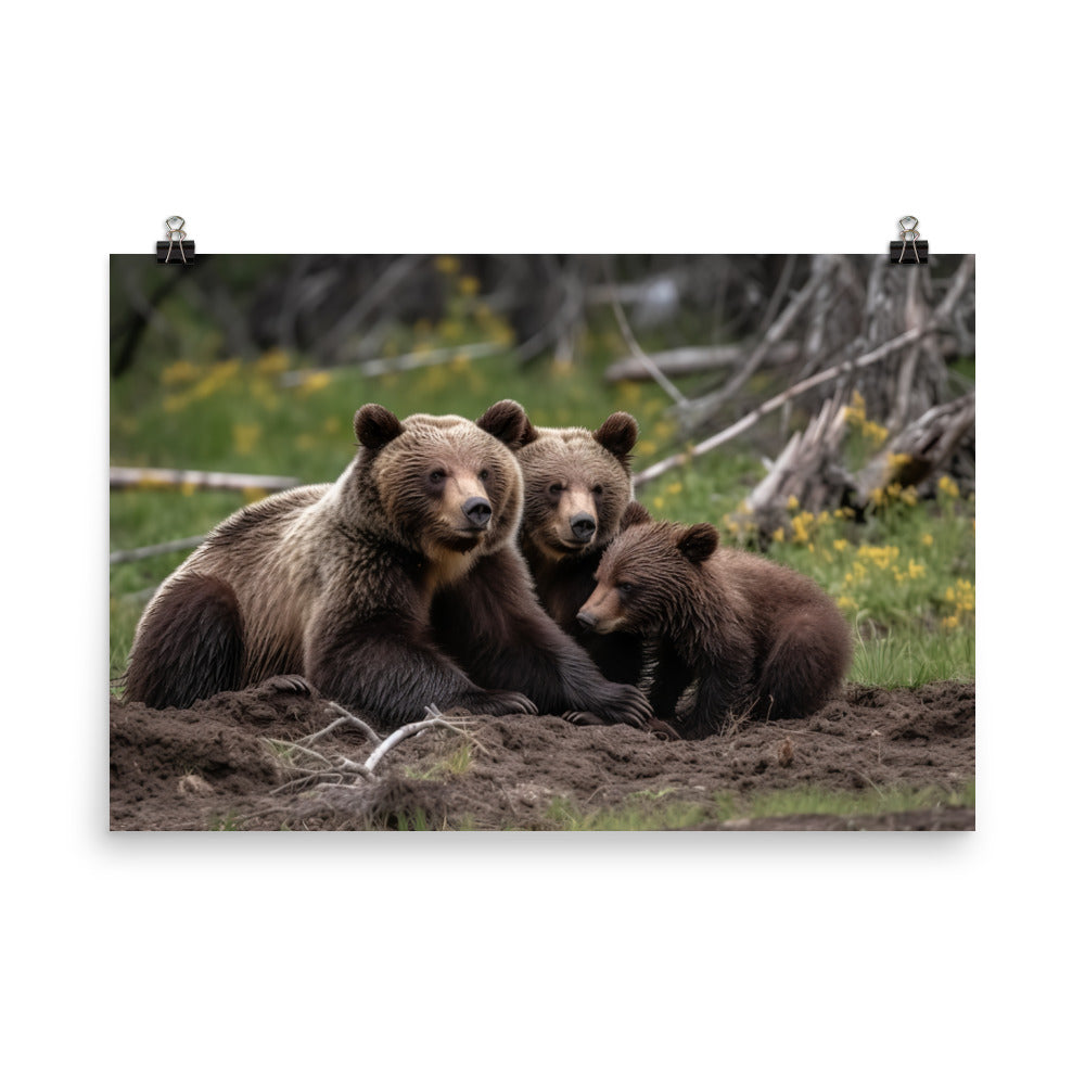Adorable Grizzly Bear Family photo paper poster - Posterfy.AI