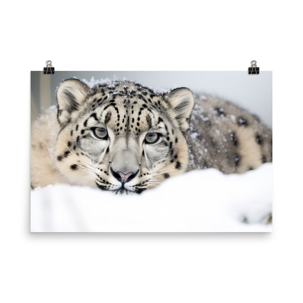 A Snow Leopard hiding in the snow photo paper poster - Posterfy.AI