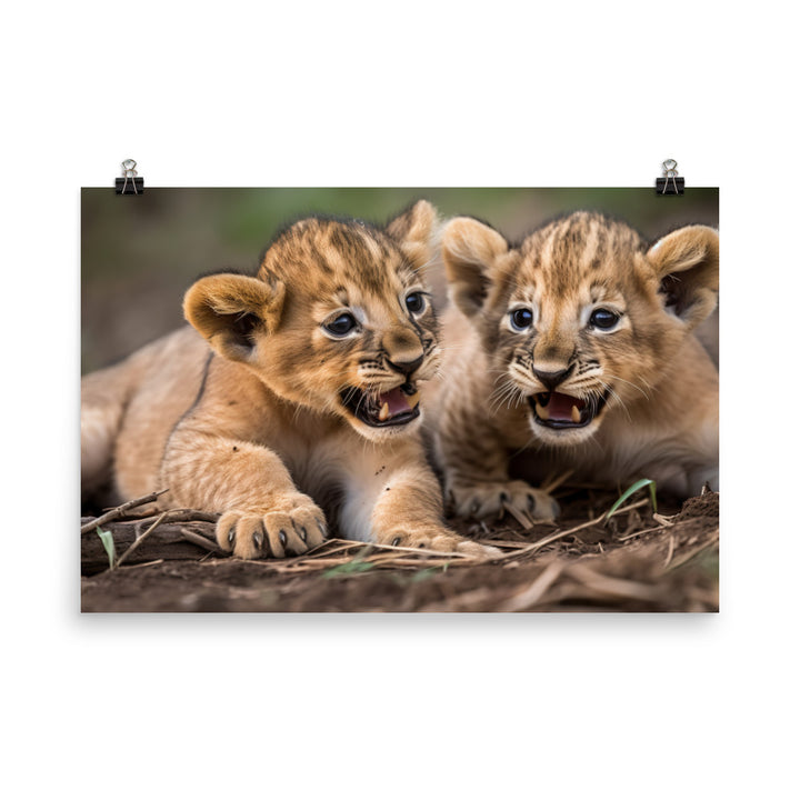 Lion Cubs Playtime photo paper poster - Posterfy.AI