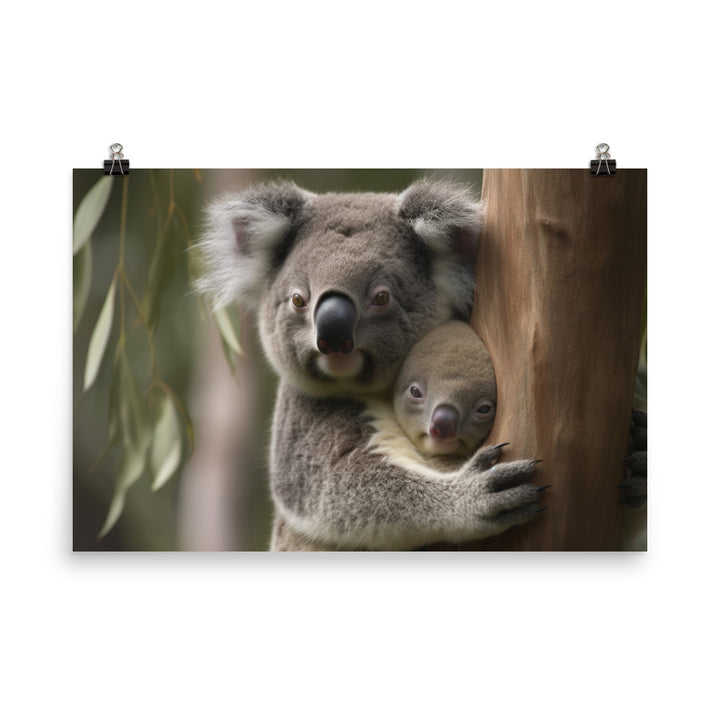 Koala Mother and Baby Cuddling in a Gum Tree photo paper poster - Posterfy.AI