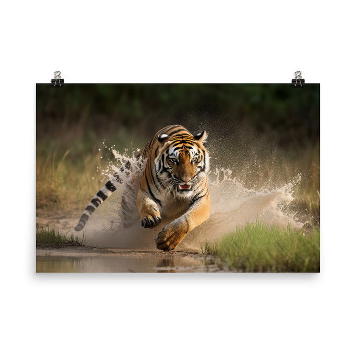 Bengal Tiger Pouncing on Prey photo paper poster - Posterfy.AI