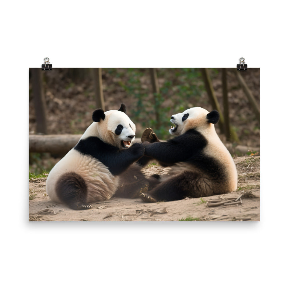 Playful Panda Duo in Action photo paper poster - Posterfy.AI