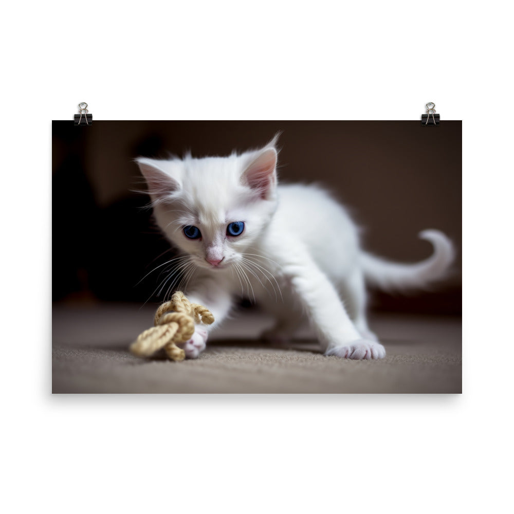 Adorable Turkish Angora kitten playing with a toy photo paper poster - Posterfy.AI