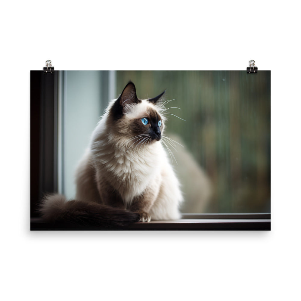 Graceful Balinese Cat Posing on the Window Sill photo paper poster - Posterfy.AI