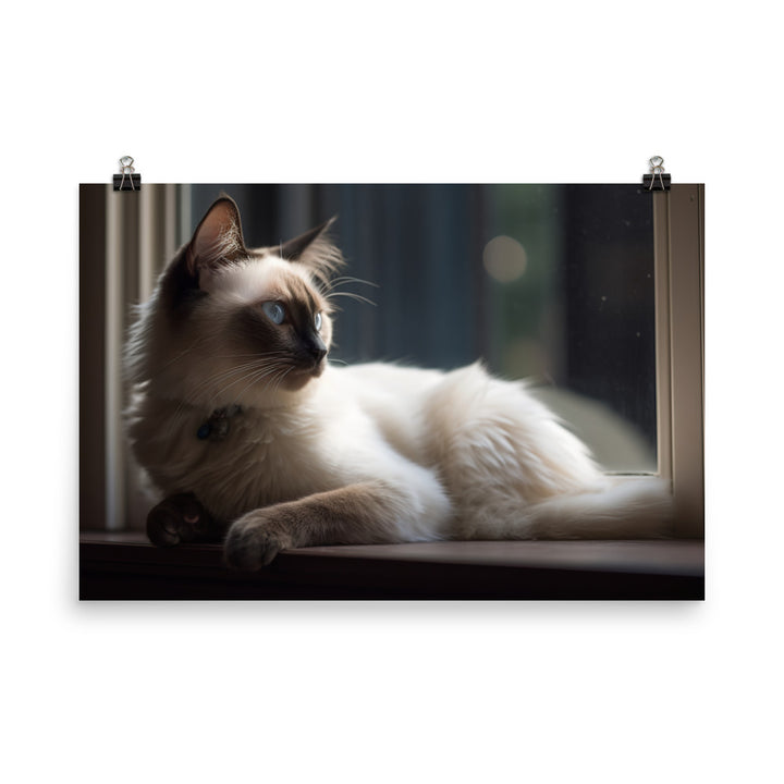 Graceful Balinese Cat Posing on the Window Sill photo paper poster - Posterfy.AI