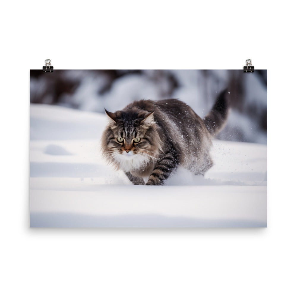 Norwegian Forest Cat Playing in the Snow photo paper poster - Posterfy.AI