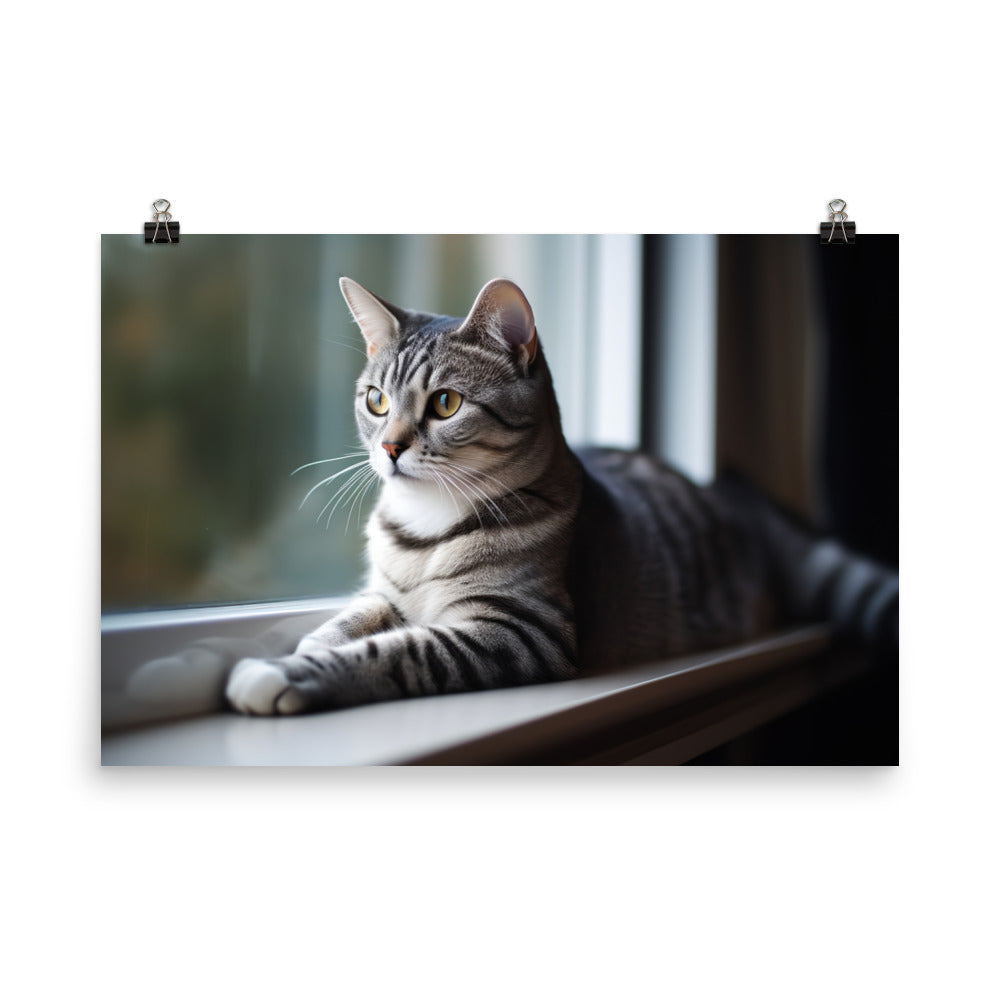 Charming American Shorthair posing on a windowsill photo paper poster - Posterfy.AI