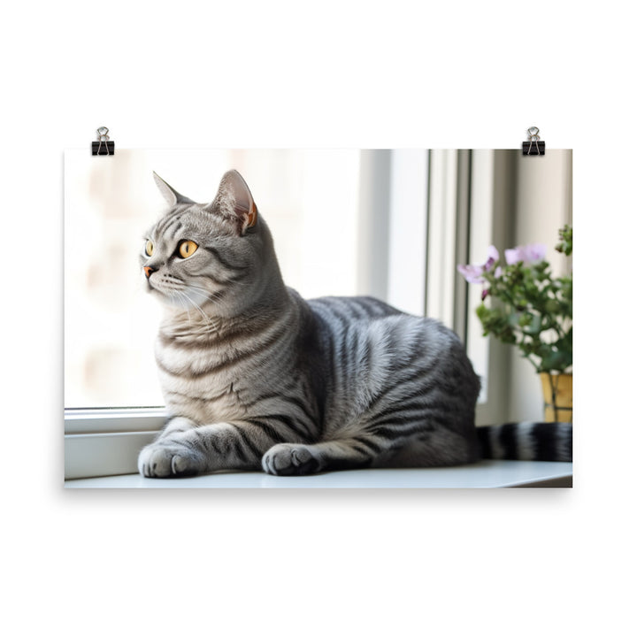 Charming American Shorthair posing on a windowsill photo paper poster - Posterfy.AI