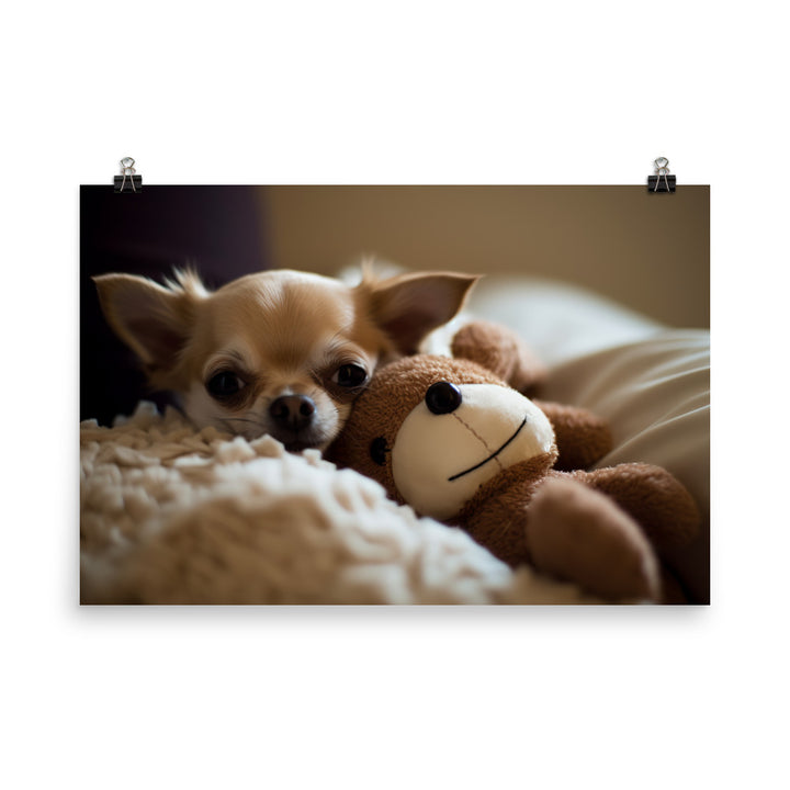 A Chihuahua snuggled up with a plush toy photo paper poster - Posterfy.AI