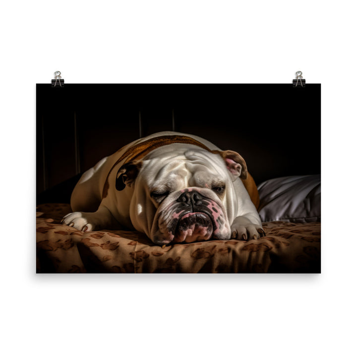 Sleepy Bulldog in His Bed photo paper poster - Posterfy.AI