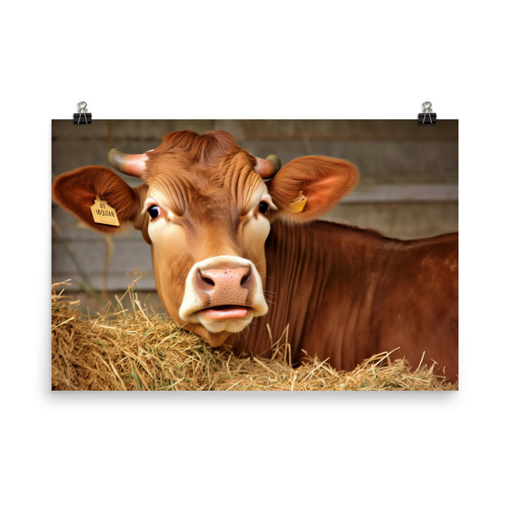 Happy Jersey Cow Enjoying a Fresh Hay Bale photo paper poster - Posterfy.AI