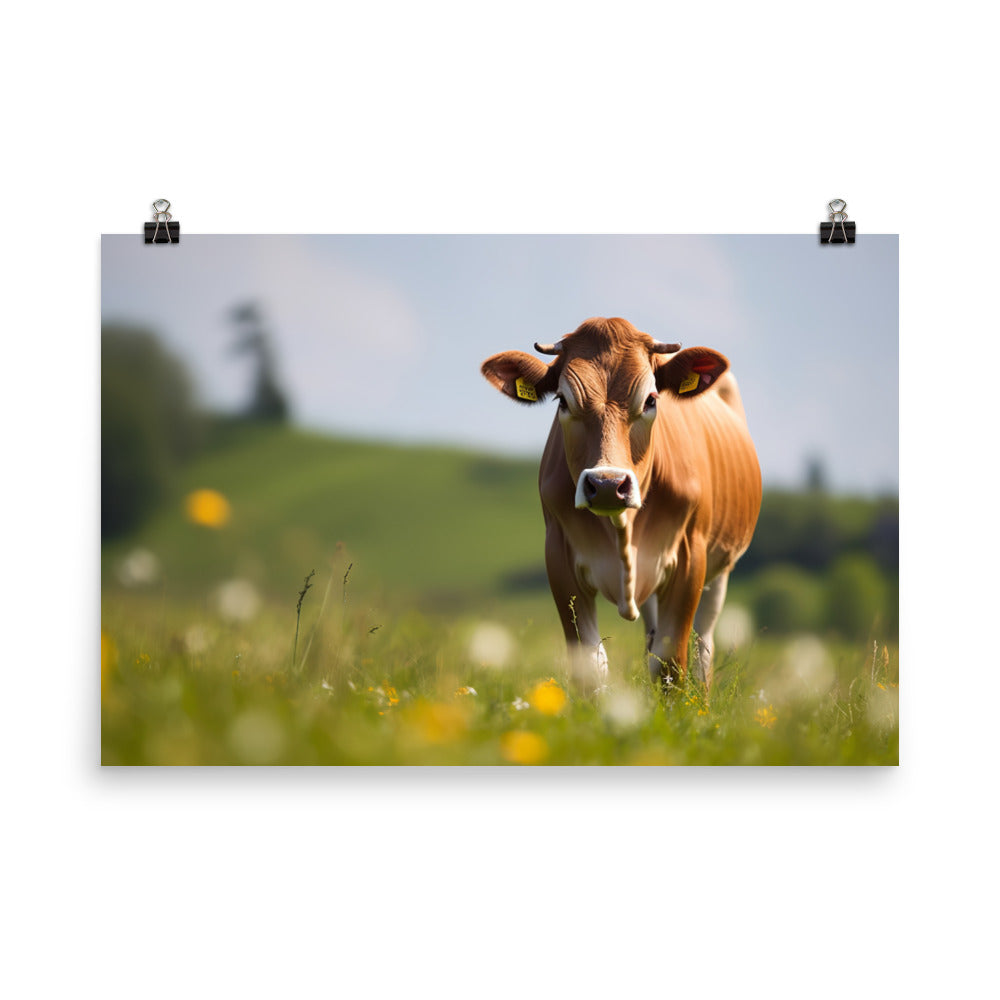 Adorable Jersey Cow Grazing in a Sunny Meadow photo paper poster - Posterfy.AI