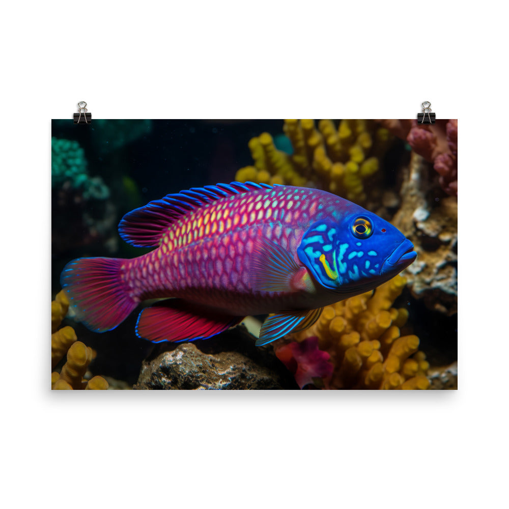 Vibrant African Cichlid Swimming Among Colorful Coral photo paper poster - Posterfy.AI
