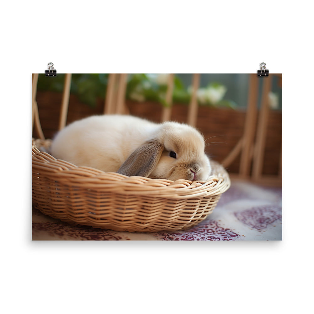 Mini Lop Bunny in a Wicker Basket photo paper poster - Posterfy.AI