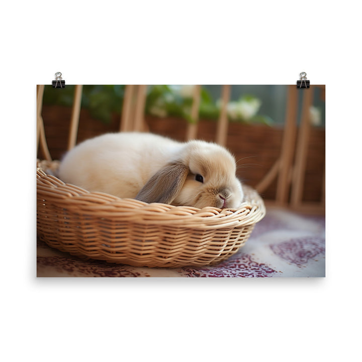 Mini Lop Bunny in a Wicker Basket photo paper poster - Posterfy.AI