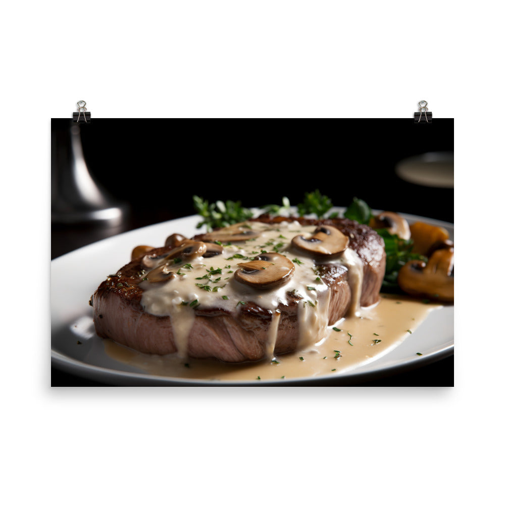 New York Strip Steak with Creamy Mushroom Sauce photo paper poster - Posterfy.AI