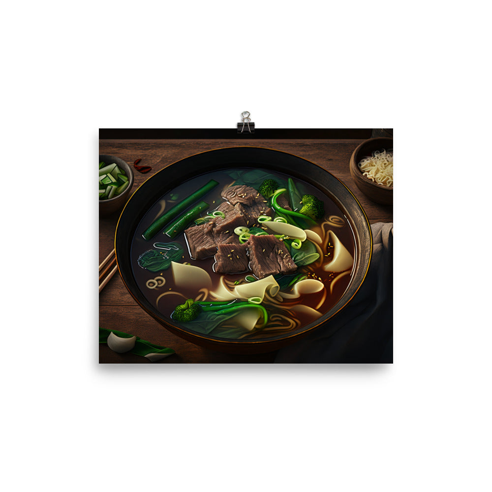A steaming hot bowl of beef noodle soup 红燒牛肉麵 photo paper poster - Posterfy.AI