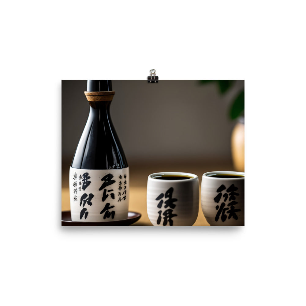 A simple yet elegant set of black and white ceramic sake cups next to a bottle of sake photo paper poster - Posterfy.AI