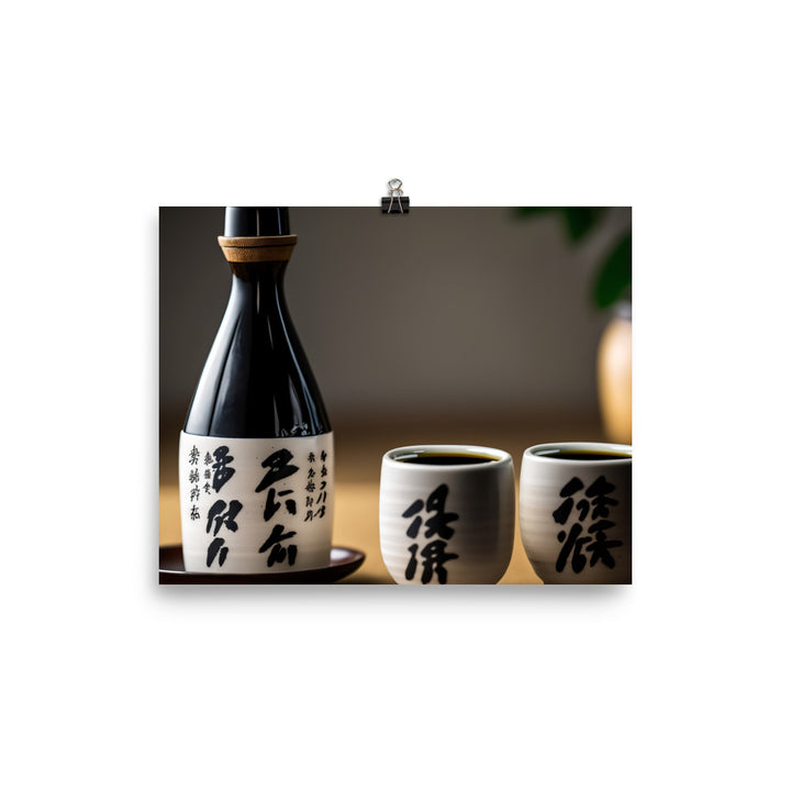 A simple yet elegant set of black and white ceramic sake cups next to a bottle of sake photo paper poster - Posterfy.AI