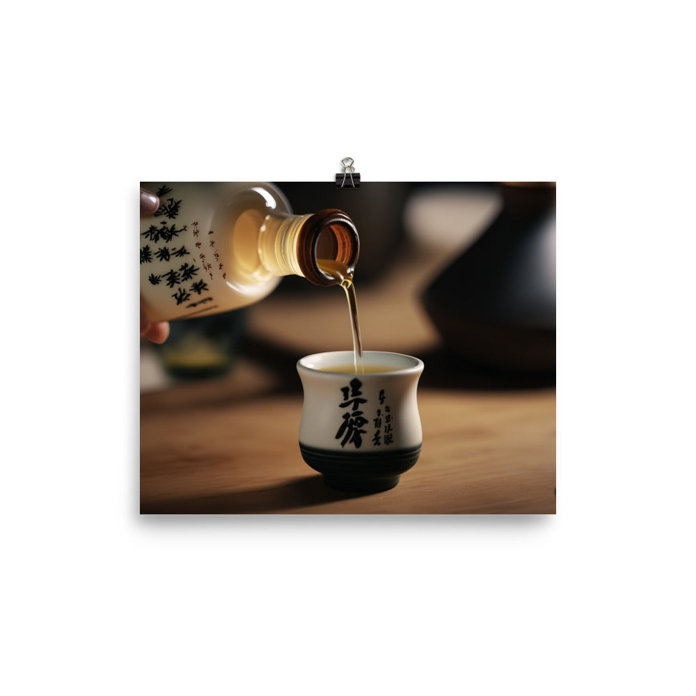 A Close-Up of a hand pouring hot sake photo paper poster - Posterfy.AI