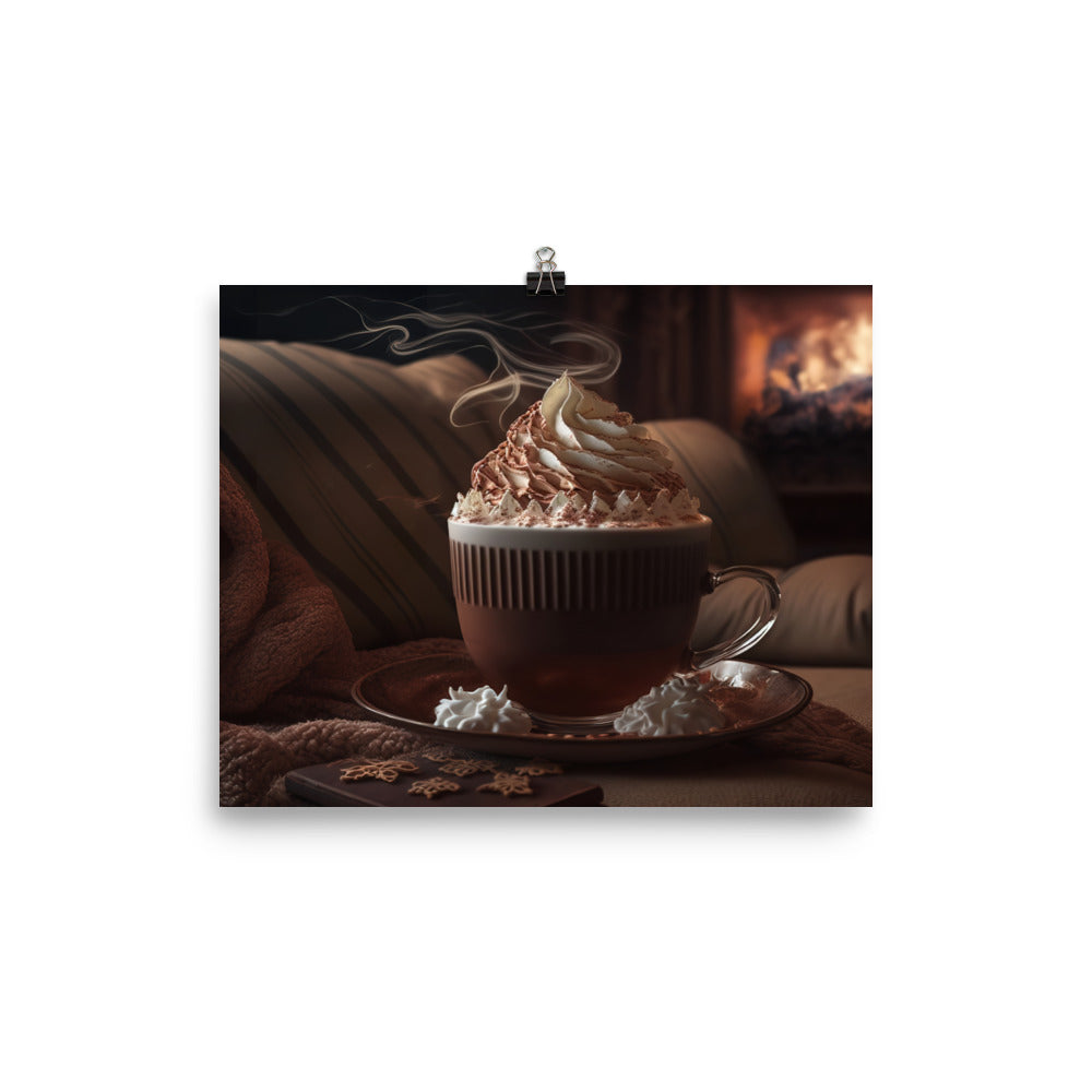 A steaming cup of hot cocoa with a generous pile of whipped cream photo paper poster - Posterfy.AI