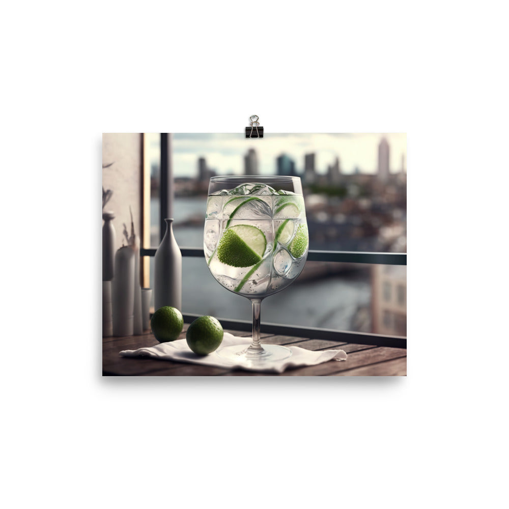 A refreshing gin and tonic with a slice of lime photo paper poster - Posterfy.AI