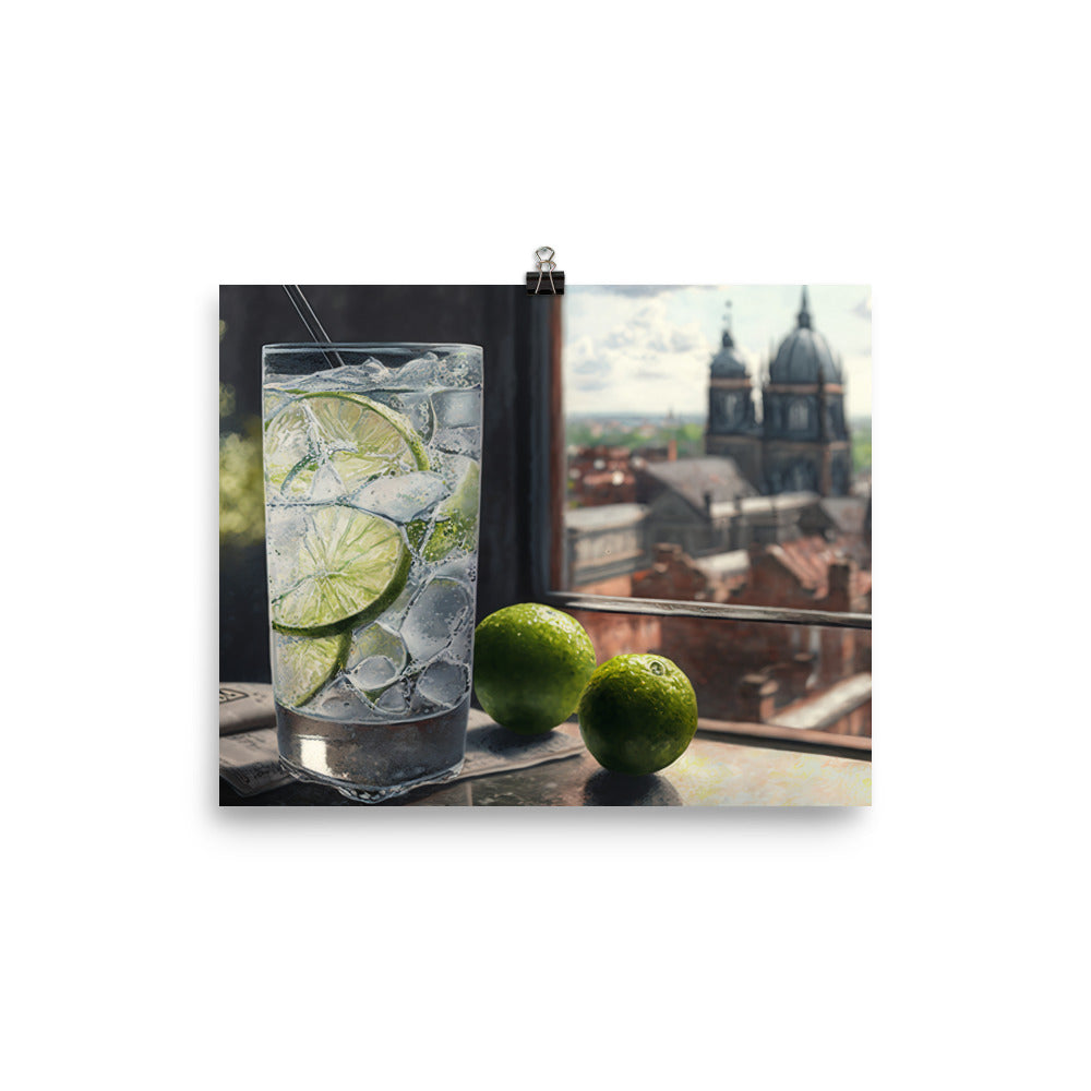 A refreshing gin and tonic with a slice of lime photo paper poster - Posterfy.AI