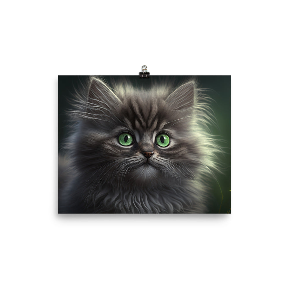 A fluffy gray kitten with bright green eyes photo paper poster - Posterfy.AI