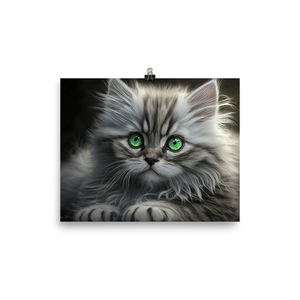 A fluffy gray kitten with bright green eyes photo paper poster - Posterfy.AI