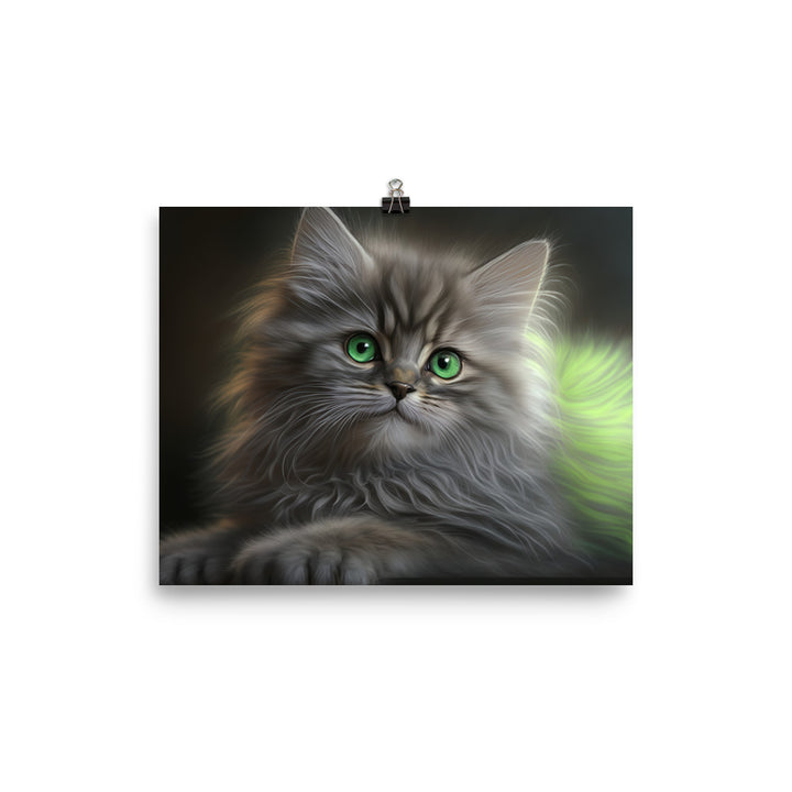 A fluffy gray kitten with bright green eyes photo paper poster - Posterfy.AI