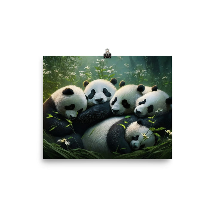 A group of panda bears cuddling together in a peaceful meadow photo paper poster - Posterfy.AI