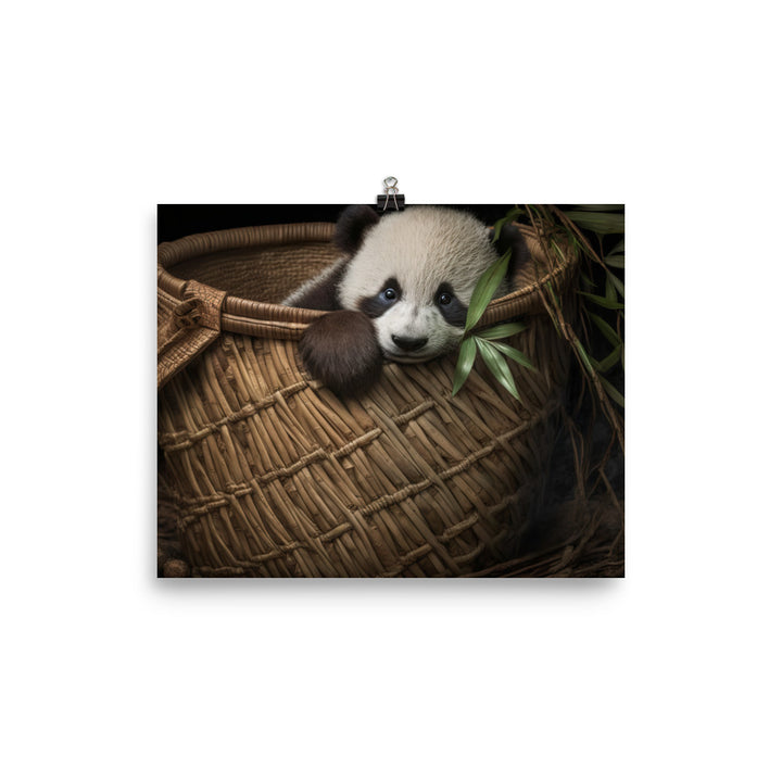 A cute panda cub peeking out from a basket full of bamboo photo paper poster - Posterfy.AI