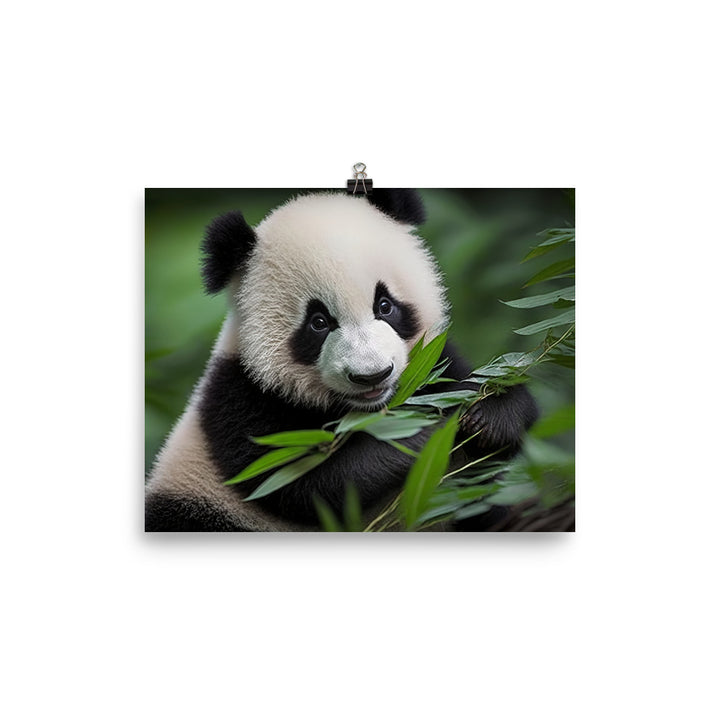 A cute panda bear enjoying a feast of bamboo leaves photo paper poster - Posterfy.AI