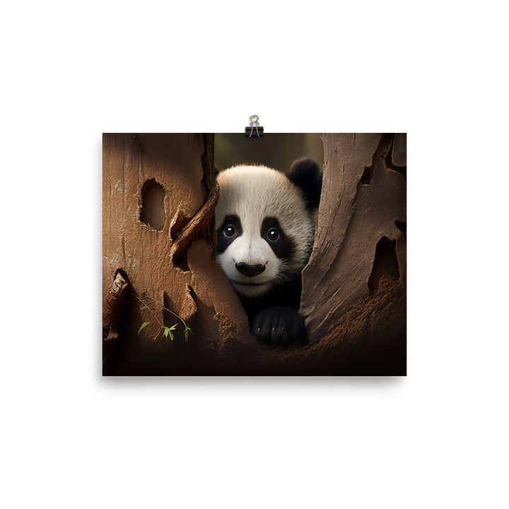 A curious panda bear peeking out from behind a tree trunk photo paper poster - Posterfy.AI